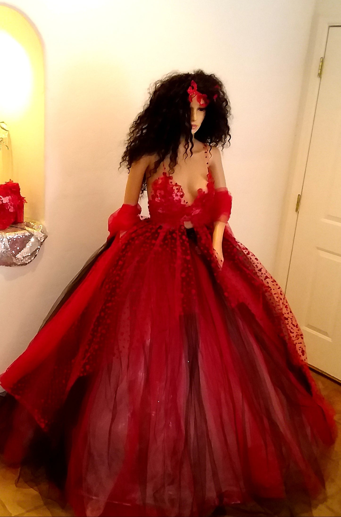 "MOZELLA" Custom Order Gothic Romance Red Hearts & Black Lace & Tulle Wedding Ballgown Set