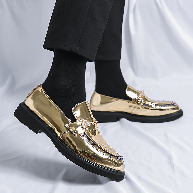 Men's Metallic Gold Mirror Multicolor Jewel Spiked Loafers