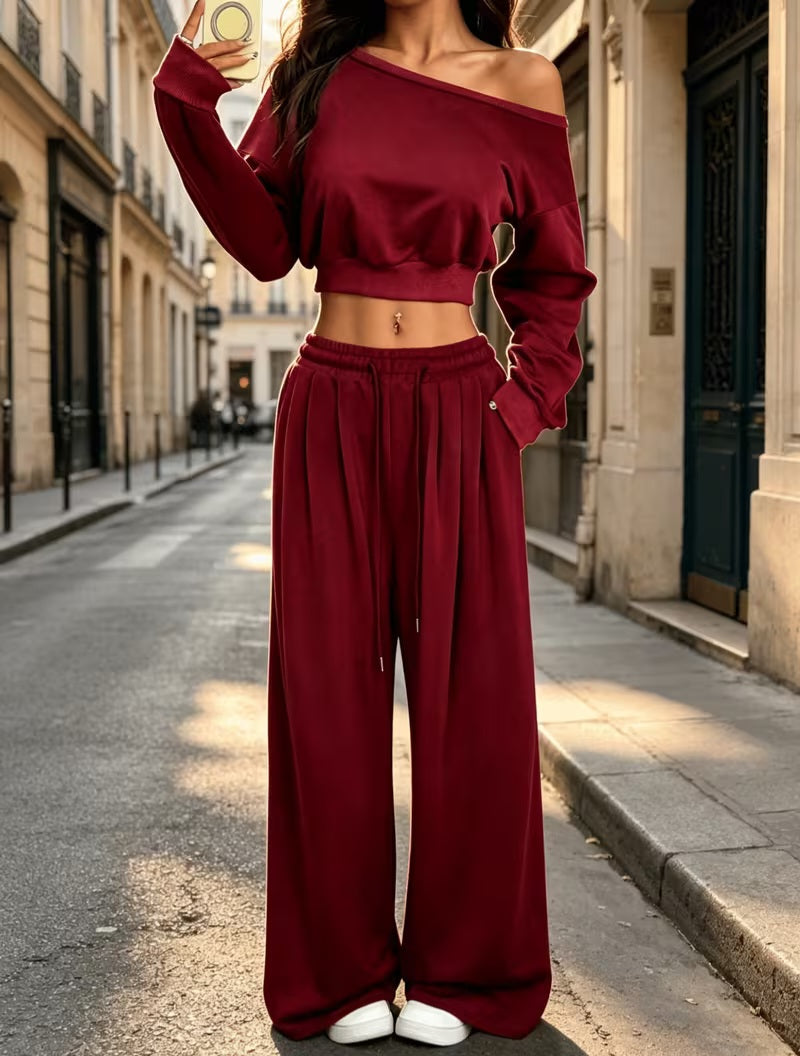 Cozy Deep Red Cropped Sweatshirt & Wide Leg Jogger Set