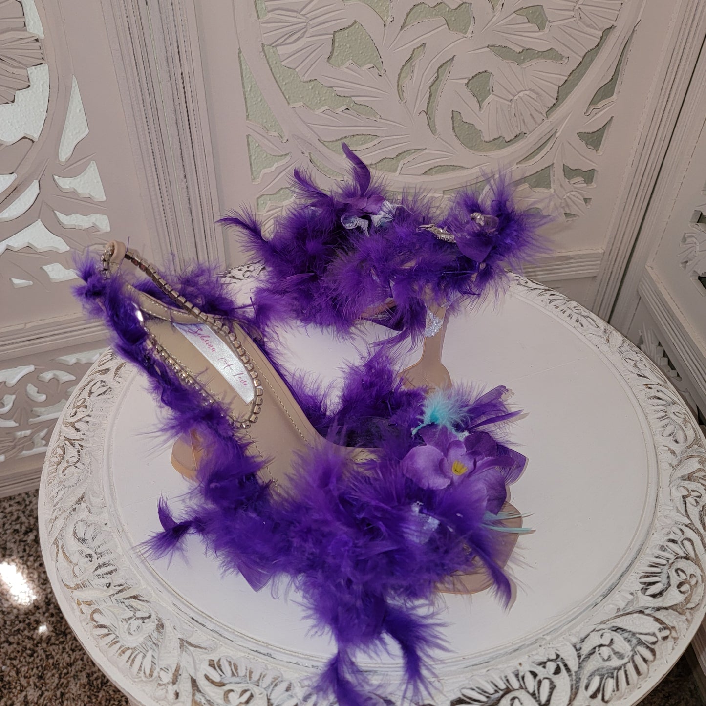 Sexy "VIOLET RAE" Purple Feather Ankle Strap Heels