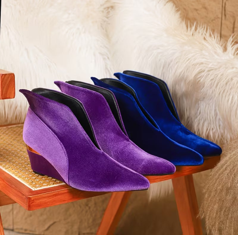 Chic Royal Purple Velvet Metallic Gold Detail Wedge Ankle Booties