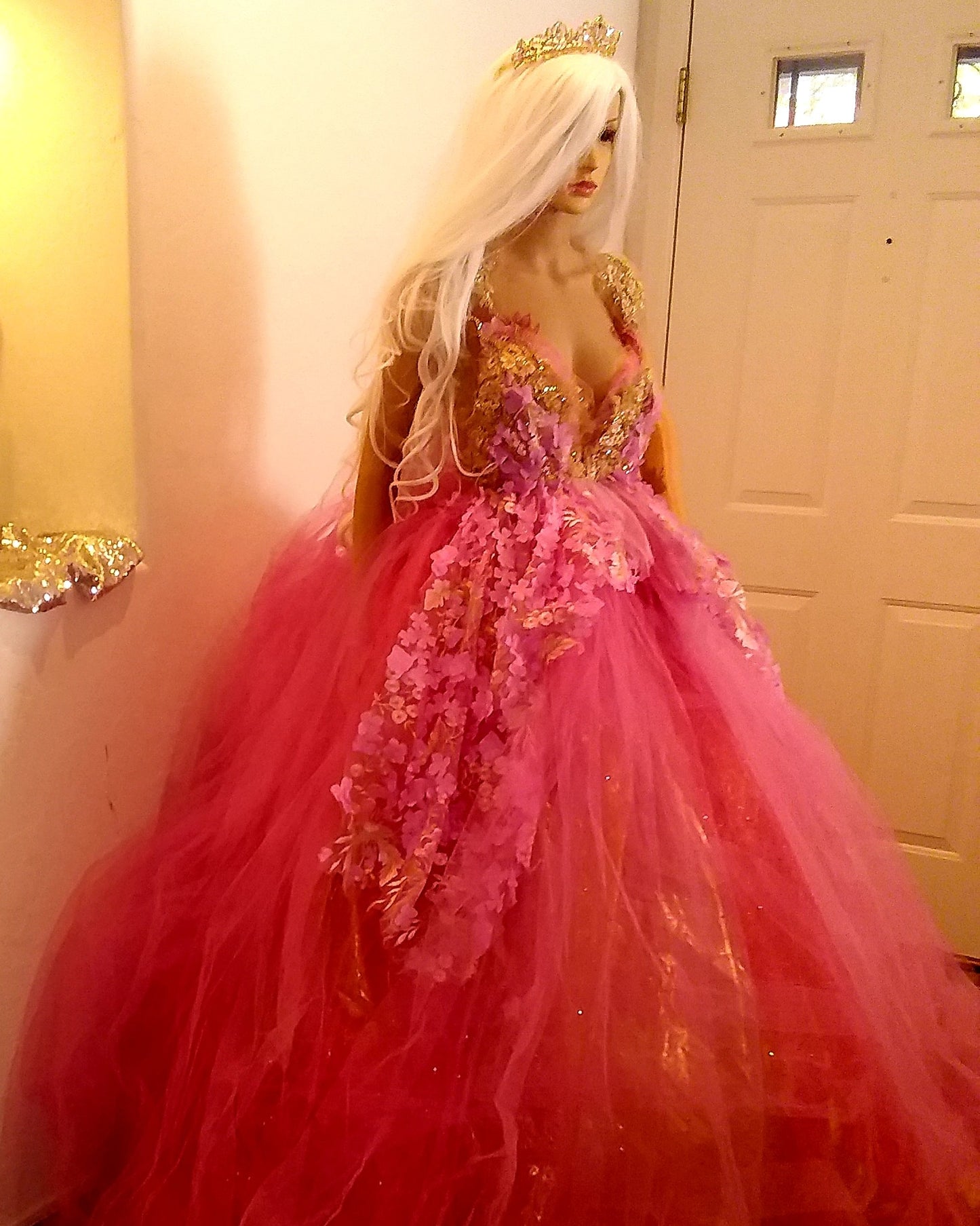 "HOPE" Pink & Gold Embroidered 3D Lace Crystal Beaded Wedding Ballgown Set