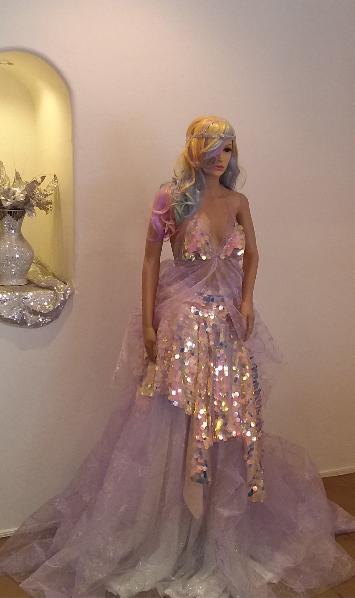The "CELESTE" Iridescent Unicorn Sequin Lavender Tulle Crystal Wedding Ballgown Set