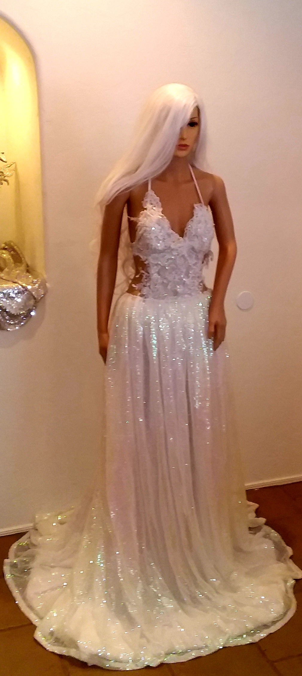 "MARIE" Iridescent White Sequined Lace Wedding Ballgown Set