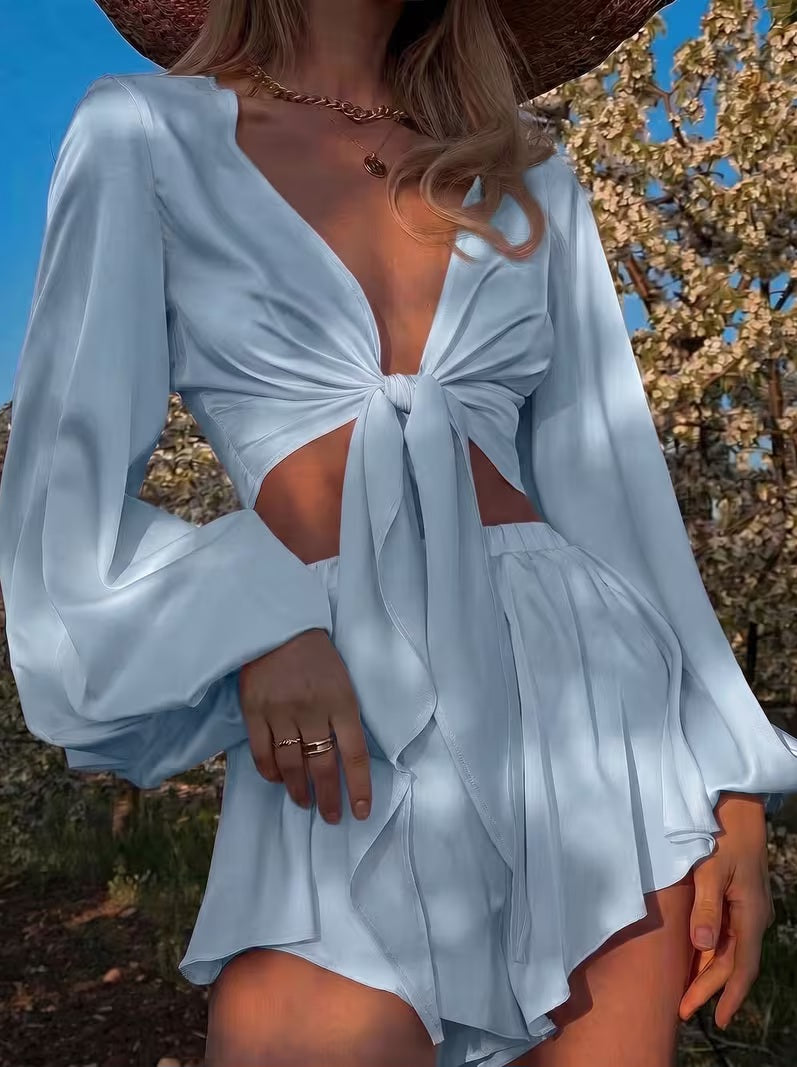 Flirty Powder Blue Tie Front Crop Top & Floaty Shorts Set