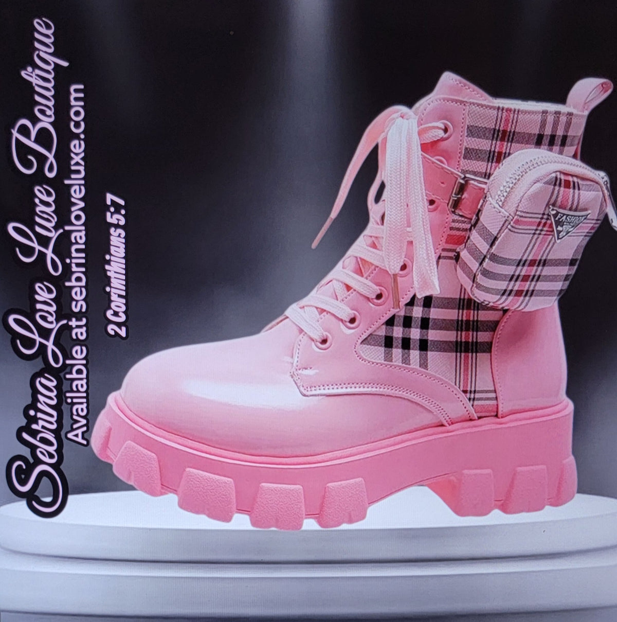 Cute Light Pink Plaid Cargo Detail Combat Boots (PRE-ORDER ITEM)