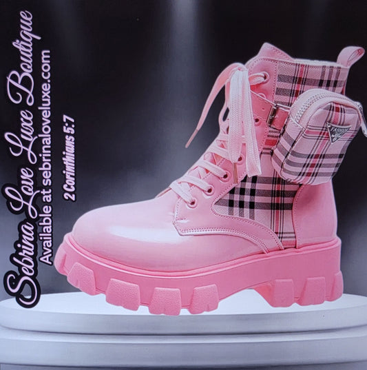Cute Light Pink Plaid Cargo Detail Combat Boots (PRE-ORDER ITEM)