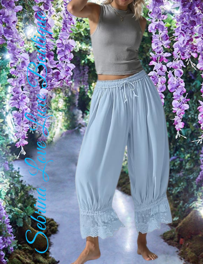 Romantic Victorian Inspired Light Blue Boho Wide Leg Pantaloon Bloomer Harem Pants