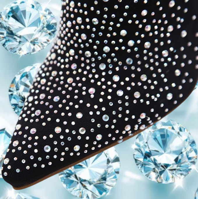 Beautiful Black & Silver Rhinestone Crystal Diamante Thigh Boots