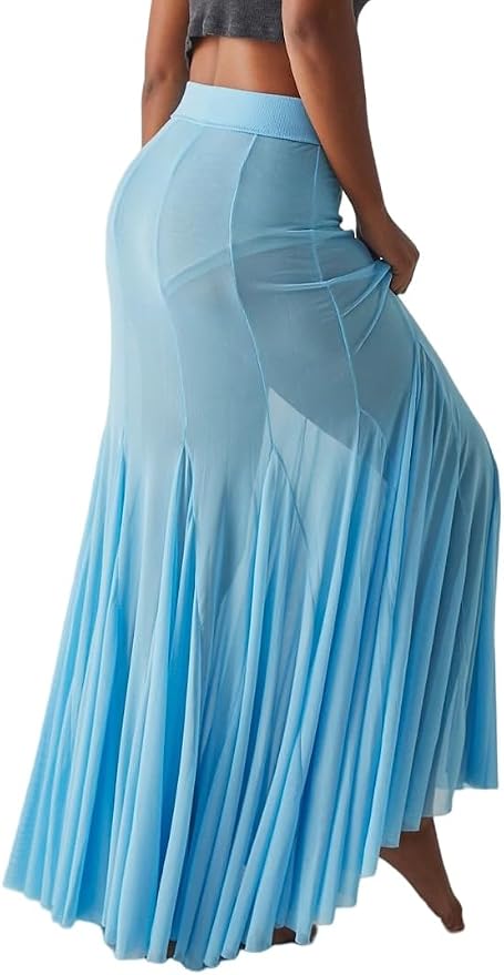 Chic Light Ocean Blue Sheer Powermesh Maxi Skirt