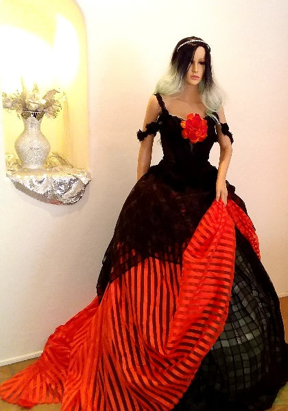 "DRUNELLA" Custom Order Gothic Romance Orange & Black Lace & Tulle Wedding Ballgown Set