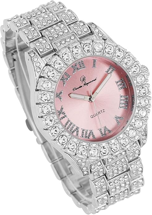 Elegant Silver & Pink Diamante Crystal Bling Watch