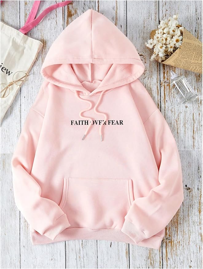 "FAITH OVER FEAR" Graphic Soft Pink & Black Scripture Hoodie Sweatshirt