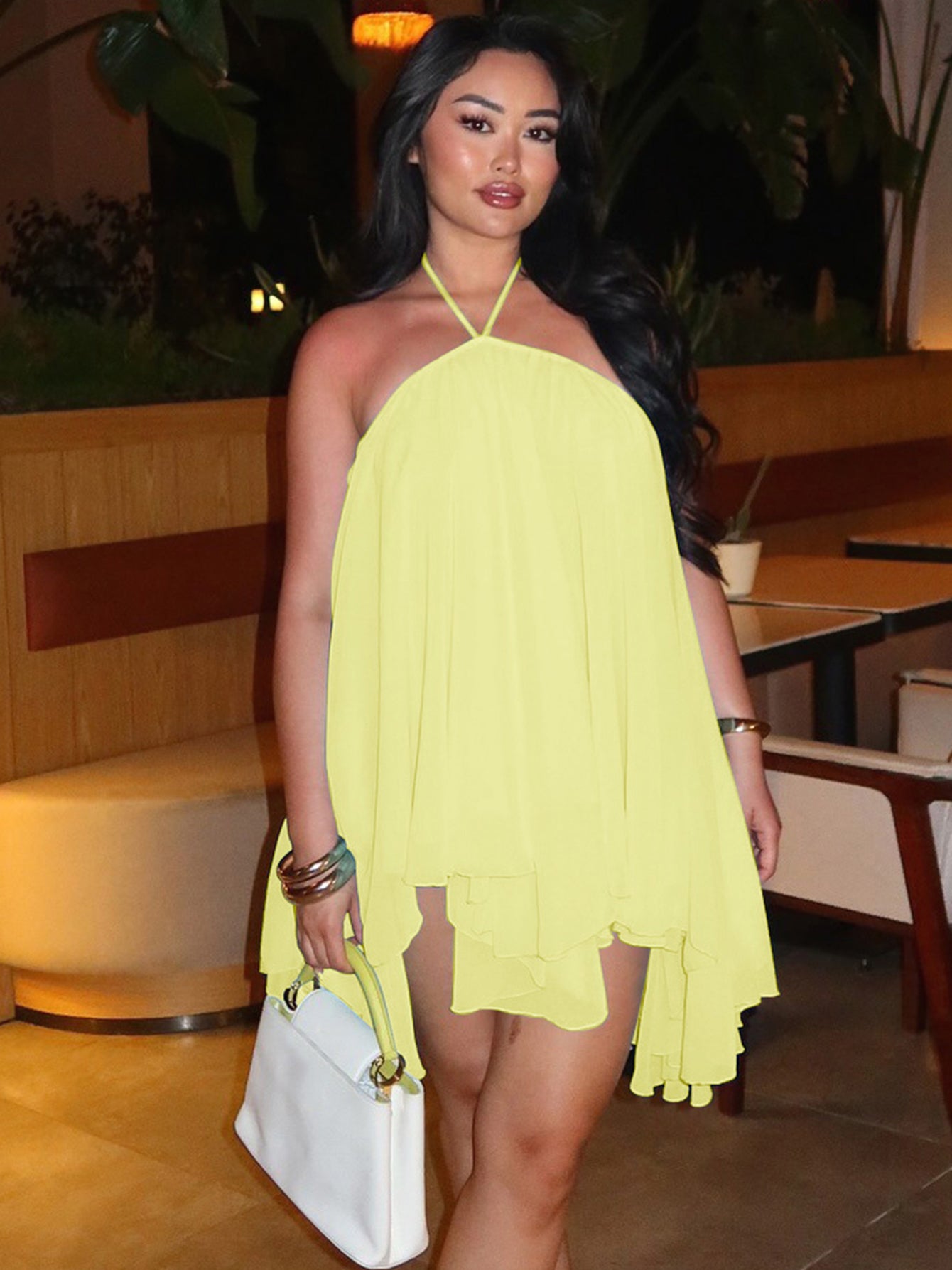 Sexy Yellow Chiffon Trapeze Mini Dress
