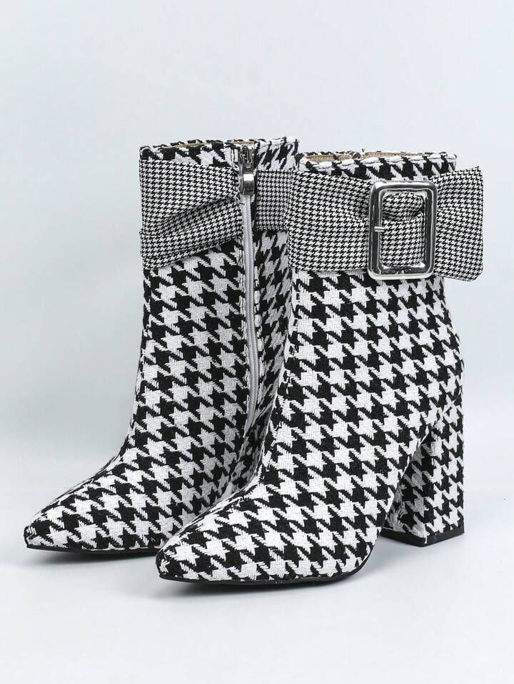 Black & White Houndstooth Buckle Detail Ankle Boots