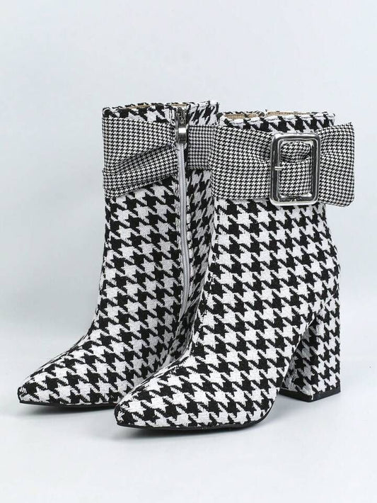 Black & White Houndstooth Buckle Detail Ankle Boots