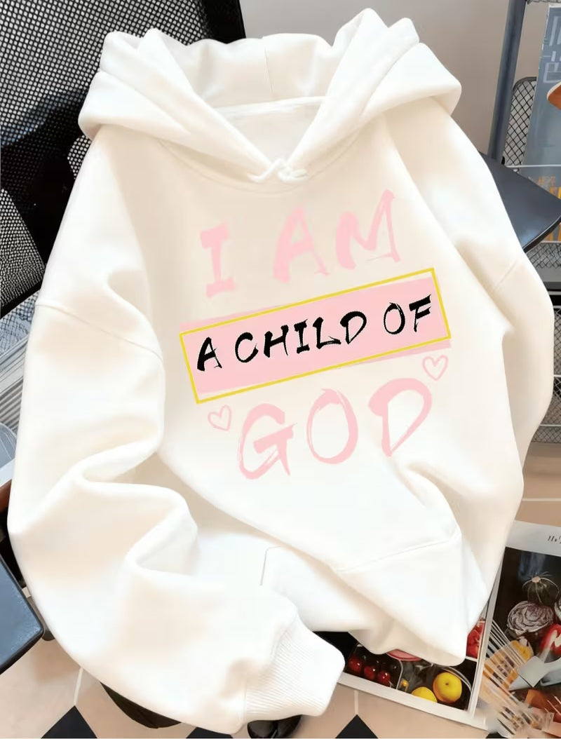 "I AM CHILD OF AM GOD" Graphic Soft White & Pink Scripture Hoodie Sweatshirt