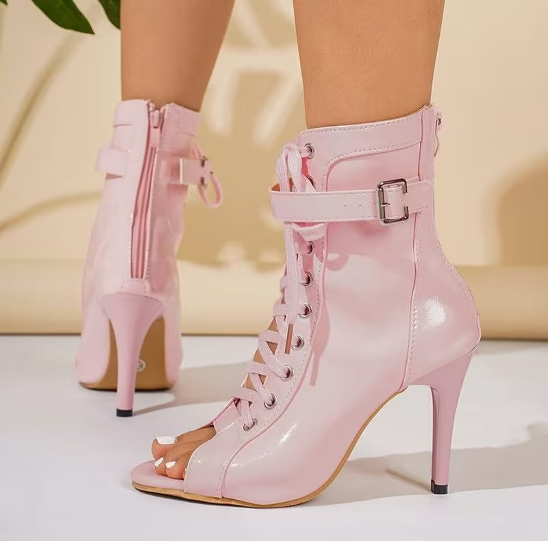 Chic Soft Pink Peeptoe Lace-up Boots (PRE-ORDER)