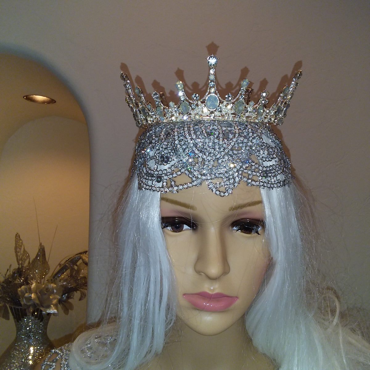 Regal 2pc Medieval Inspired Silver Lace Crystal Rhinestone Bejeweled Bridal Headpiece