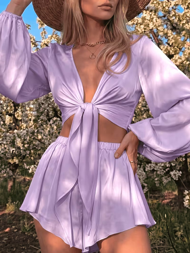 Flirty Lavender Tie Front Crop Top & Floaty Shorts Set