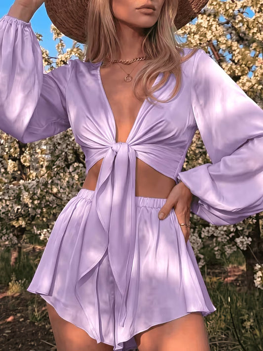 Flirty Lavender Tie Front Crop Top & Floaty Shorts Set