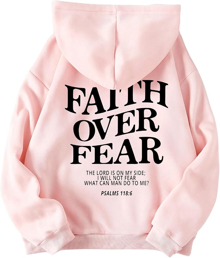 "FAITH OVER FEAR" Graphic Soft Pink & Black Scripture Hoodie Sweatshirt