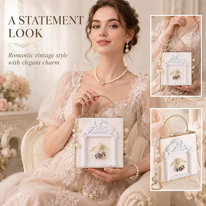 Elegant Ethereal Romance White & Gold Angel Handbag Clutch Purse