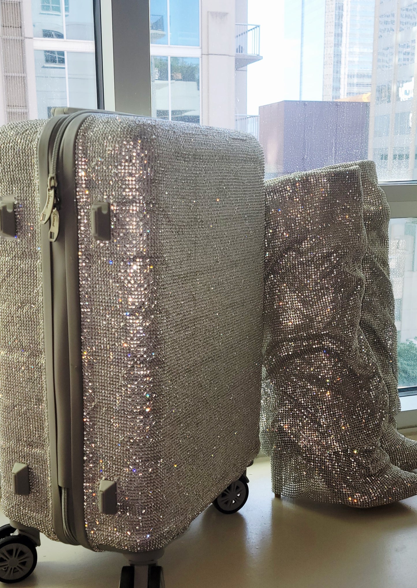 "NEW YORK HEIRESS" Custom Order Silver Rhinestone Crystal Diamante TSA size Approved Carry-on Luggage Case