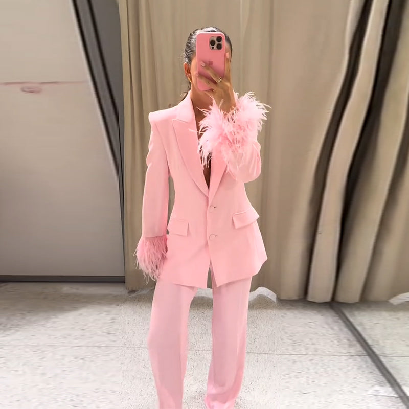 Beautiful Baby Pink Feather Cuff Blazer Jacket & Pants Suit Set