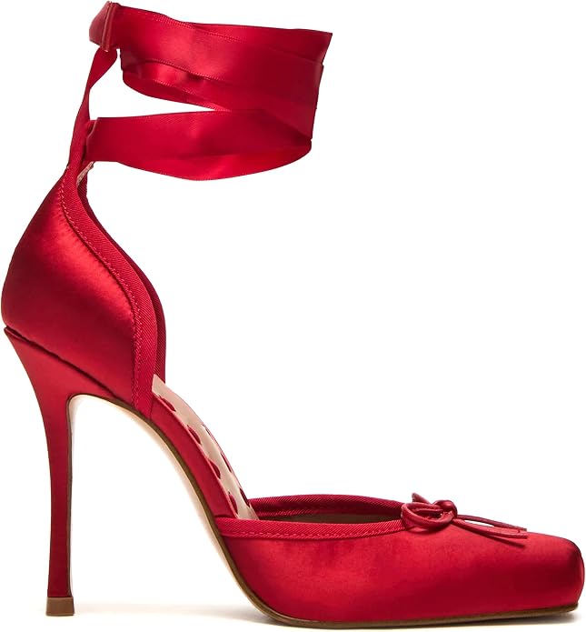 Romantic Red Satin Ribbon Ankle Tie Ballerina Heels
