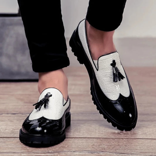 Elegant Men's Black & White Tassel Spectator Opera Pump Shoes