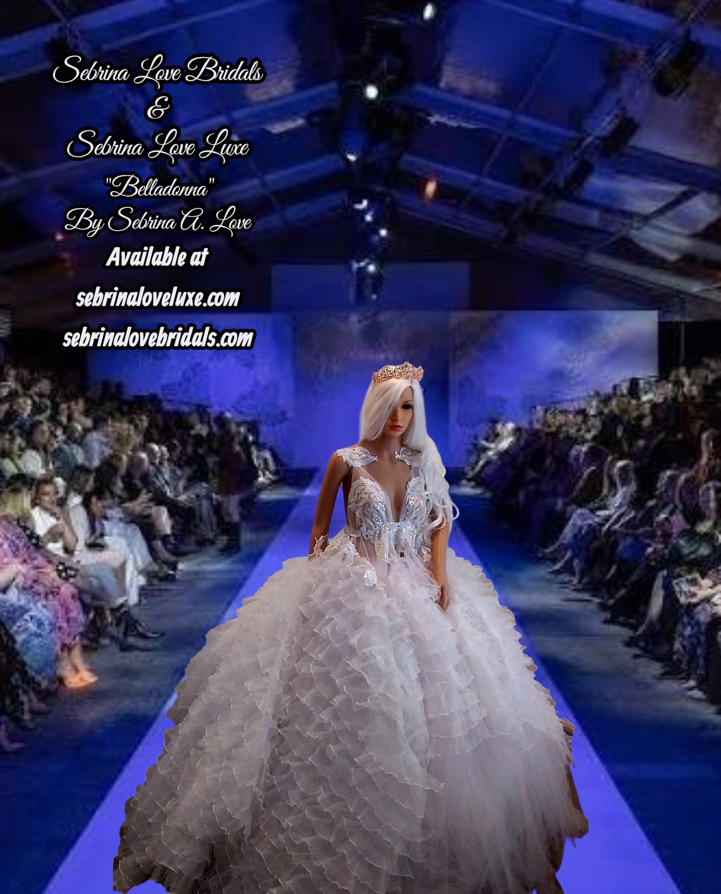 "BELLADONNA" White Ruffled Organza Embroidered Sequin Damask Lace Wedding Ballgown Set