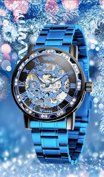 Elegant Cobalt Blue Men's Diamante Crystal Bling Watch