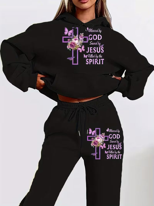 "BLESSED BY GOD SAVED BY JESUS FILLED BY THE SPIRIT " Christian 2pc Graphic Scripture Hoodie & Jogger Set