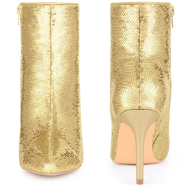 Sexy Metallic Gold Sequin Stiletto Ankle Boots