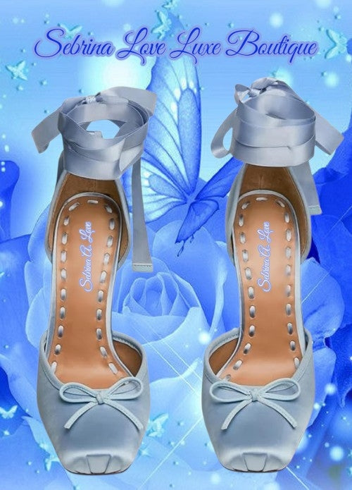 Romantic Baby Blue Satin Ribbon Ankle Tie Ballerina Heels