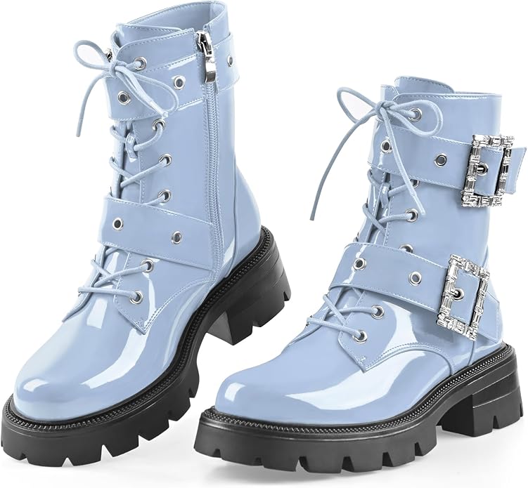 Cool Cornflower Blue Buckle Detail Round Toe Combat Ankle Boots (PRE-ORDER)