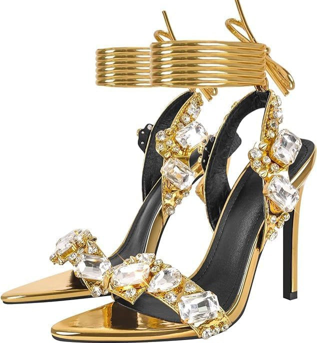 Luxe Gold Crystal Strappy Ankle Tie Heels