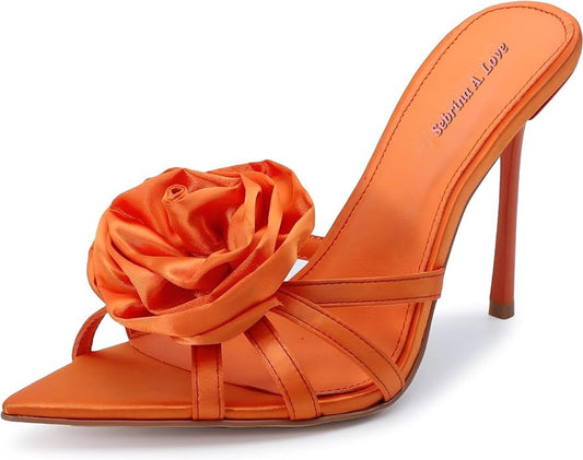 Flirty Romantic Orange Satin Rose Embellished Mules
