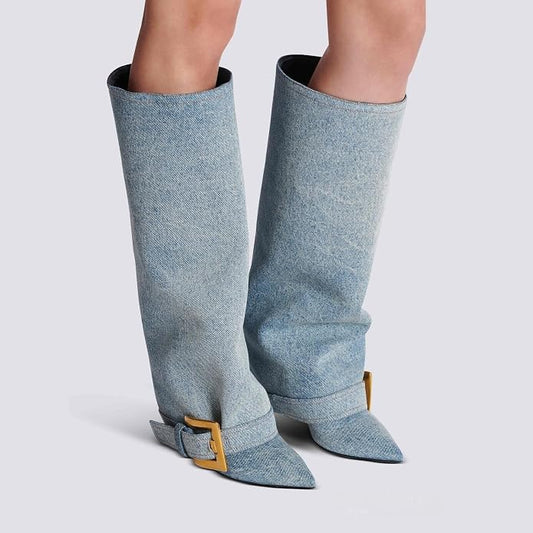 Chic Light Wash Blue Denim Foldover Buckle Detail Knee Boots