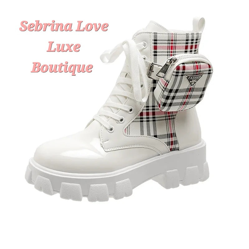 Cute White British Plaid Cargo Detail Combat Boots (PRE-ORDER ITEM)