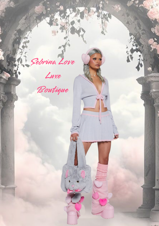 Cute Cozy Gray & Pink Cropped Sweater and Pleated Mini Skirt Set