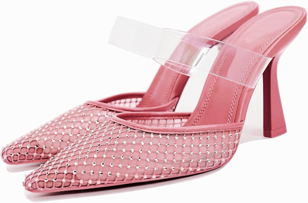 Sexy Pink Rhinestone Crystal Diamante Mesh Mule Heels