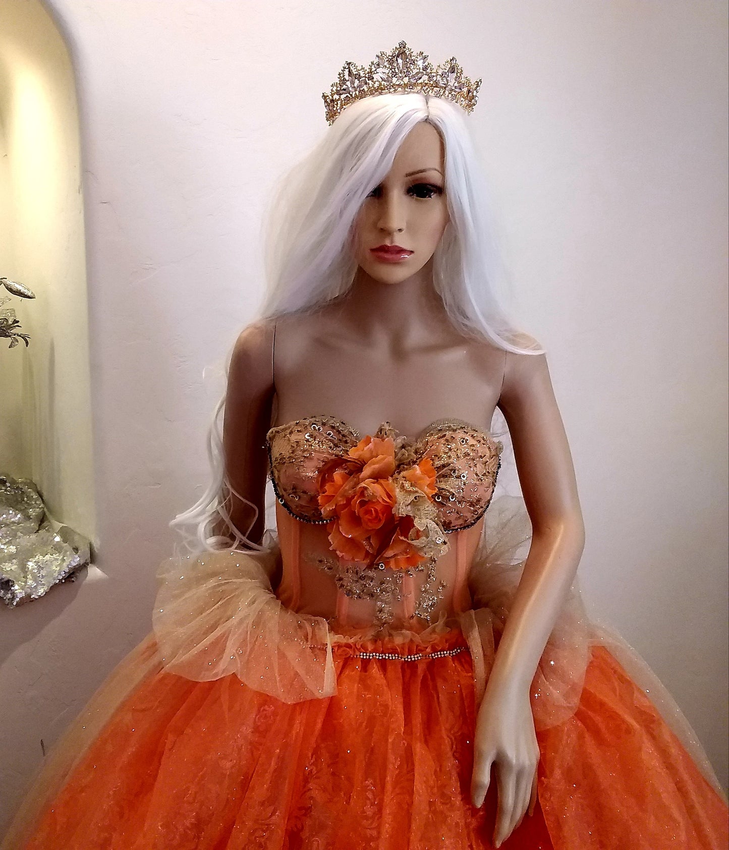 The "AUTUMN" Crystal Orange & Embroidered Lace Boho Festival Wedding Ballgown Set (Custom Order)