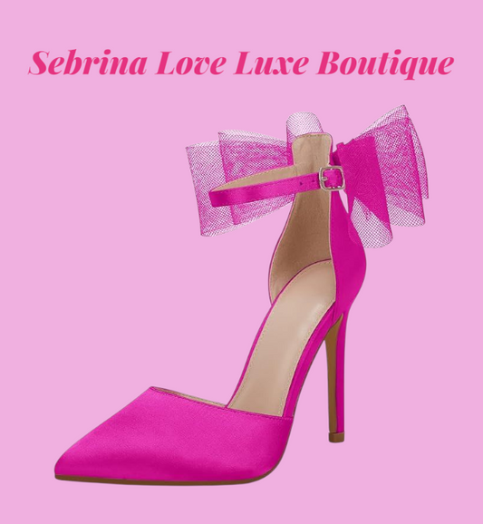 Elegant Pink Tulle Bow Detail Ankle Strap Heels