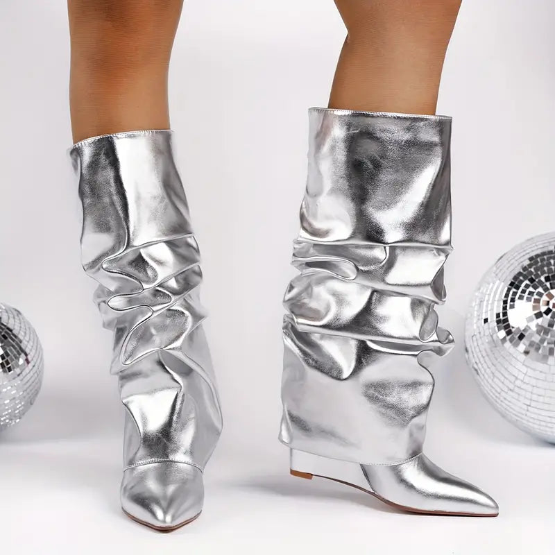 Beautiful Silver Metallic Foldover Slouchy Boots