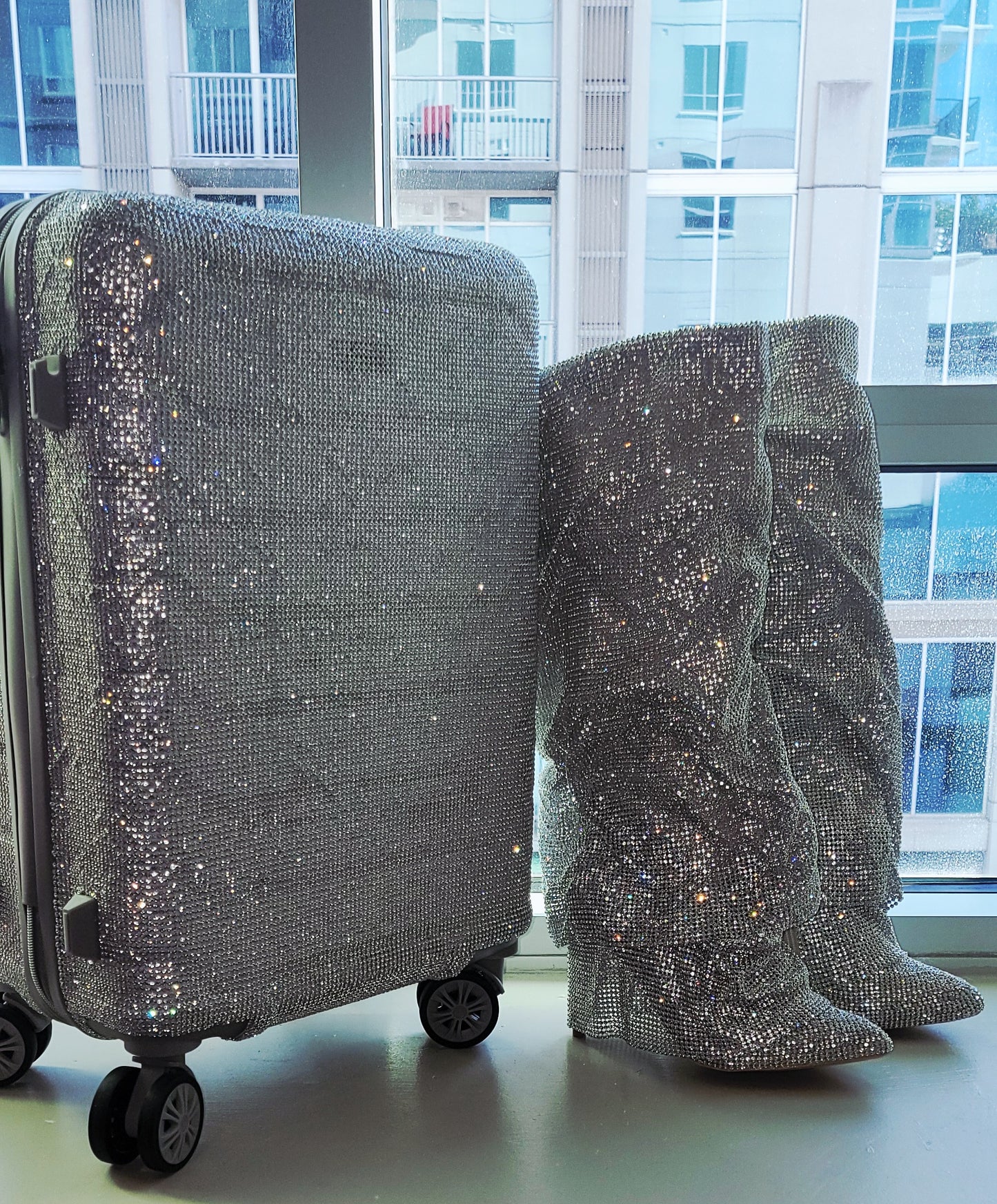 "NEW YORK HEIRESS" Custom Order Silver Rhinestone Crystal Diamante TSA size Approved Carry-on Luggage Case