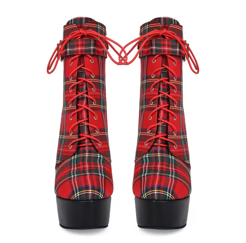 Scottish Inspired Red Stewart Tartan Plaid Round Toe Platform Combat Ankle Boots