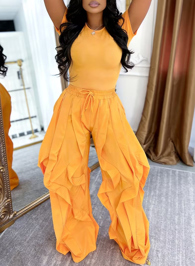Luxe Orange Gold Ruffled Boho Flowy Wide Leg Pants