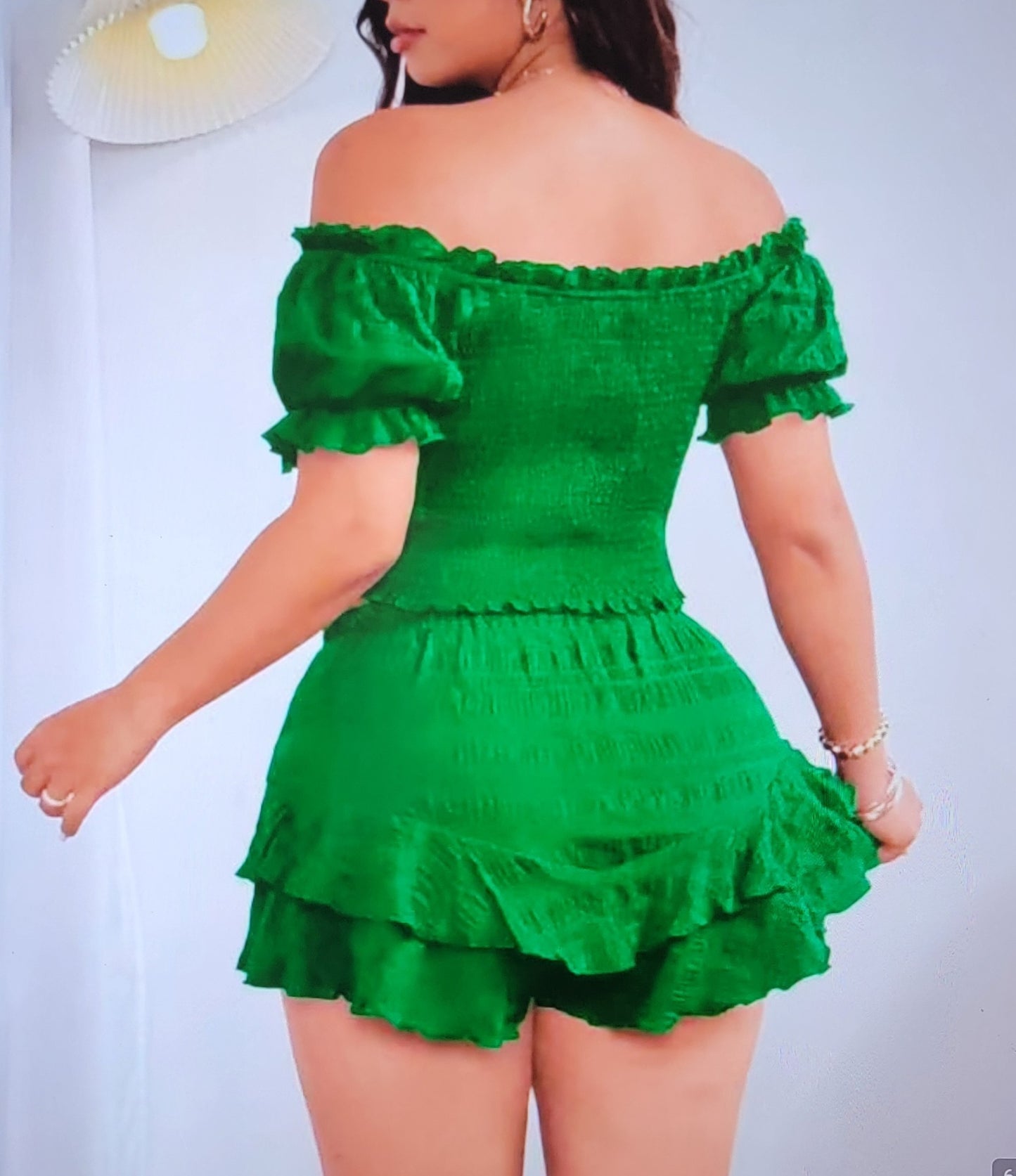 Flirty Kelly Green Off The Shoulder Smocked Top & Skort Set